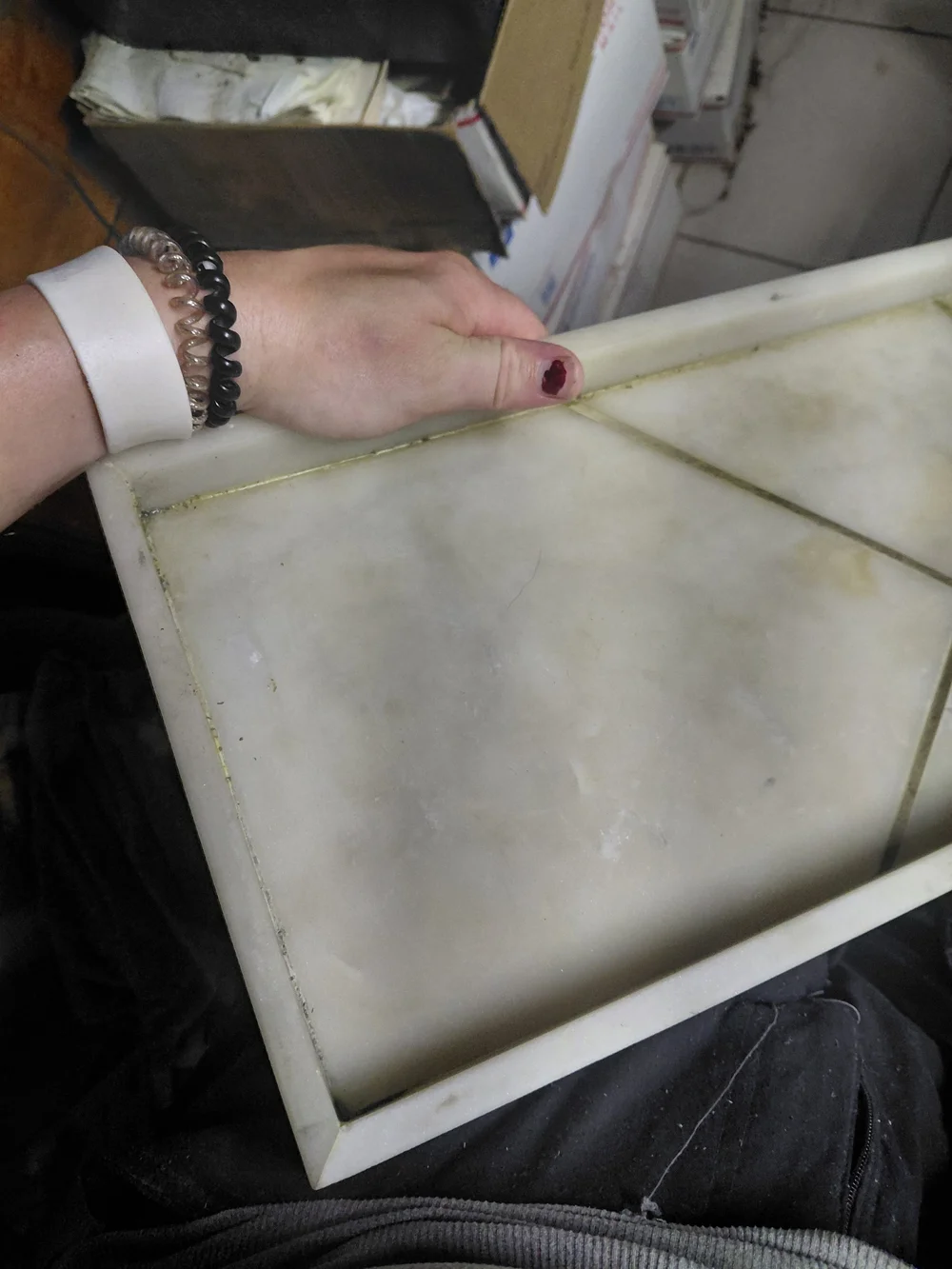white marble tray  minimalist brass geometric inlays, 24